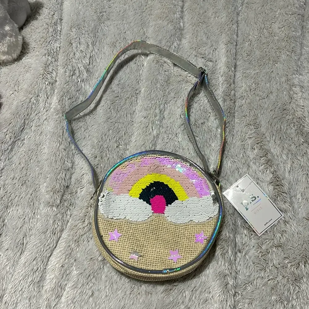 Aeropostale round purse rainbow clouds sequined adjustable strap cross body nwt